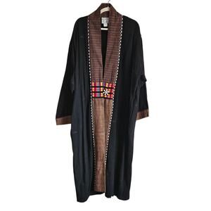 Veranda Wear Long Coat, Black W/Multicolor Trim, Fun Button, Sz M/L